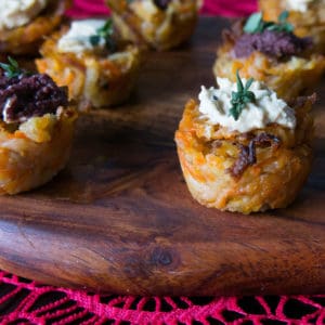 Potato and Butternut Squash Rosti. Canapes with black olive tapenade and houmous. Gluten free, vegan, onion free, garlic free
