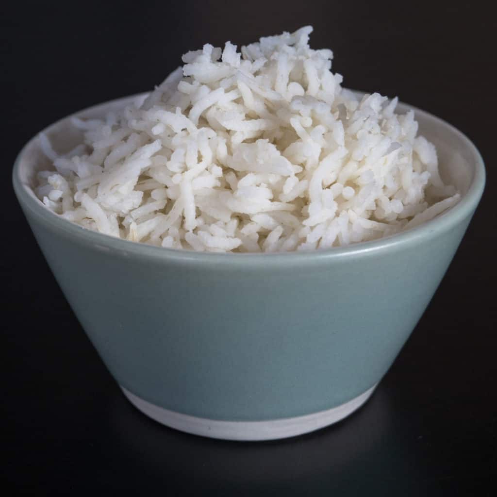 Perfect plain rice. Easy microwave absorption method works every time. Gluten free, vegan.