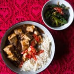 Gluten free, vegan Ma Po Tofu with steamed rice and stir fried Chinese brocolli