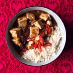 Gluten free, vegan Ma Po Tofu with steamed rice