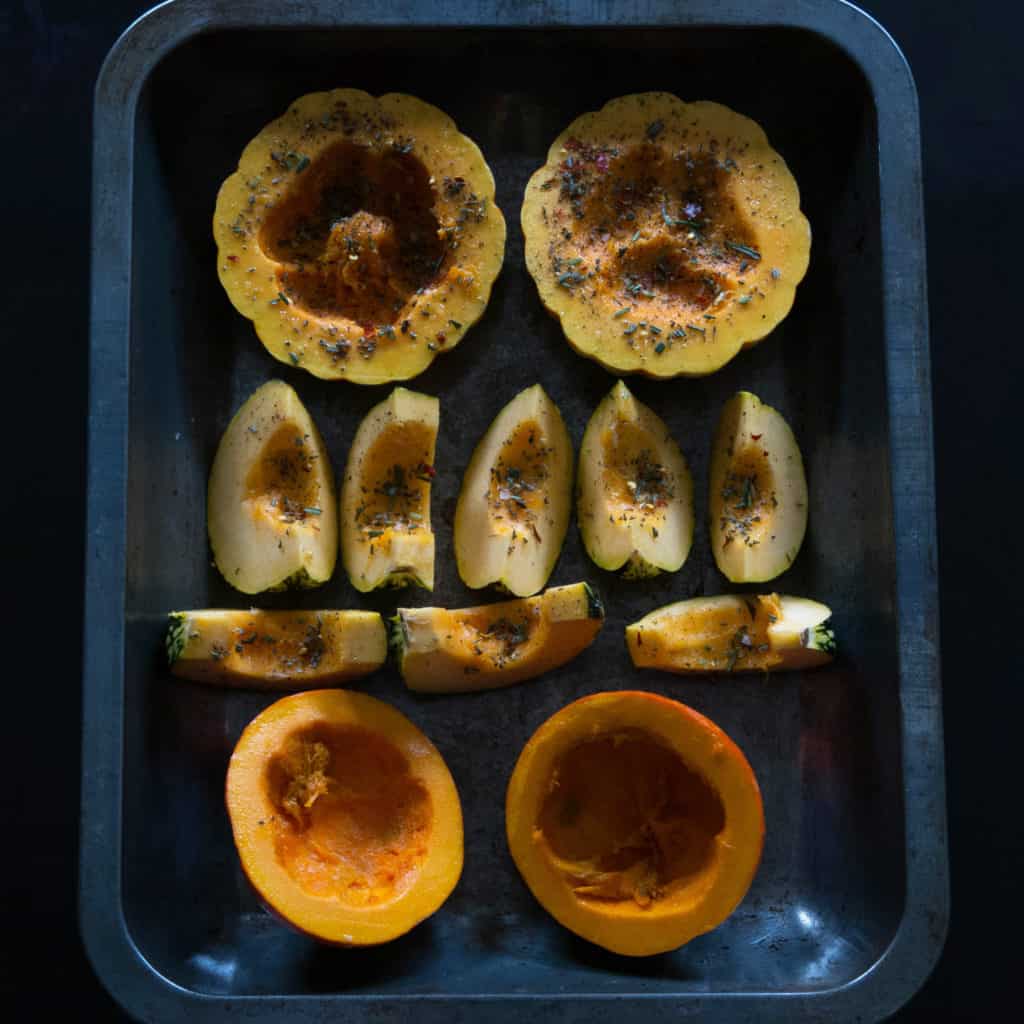 Roasted assorted squash/ pumpkin with rosemary and chilli. Ready for more recipes.