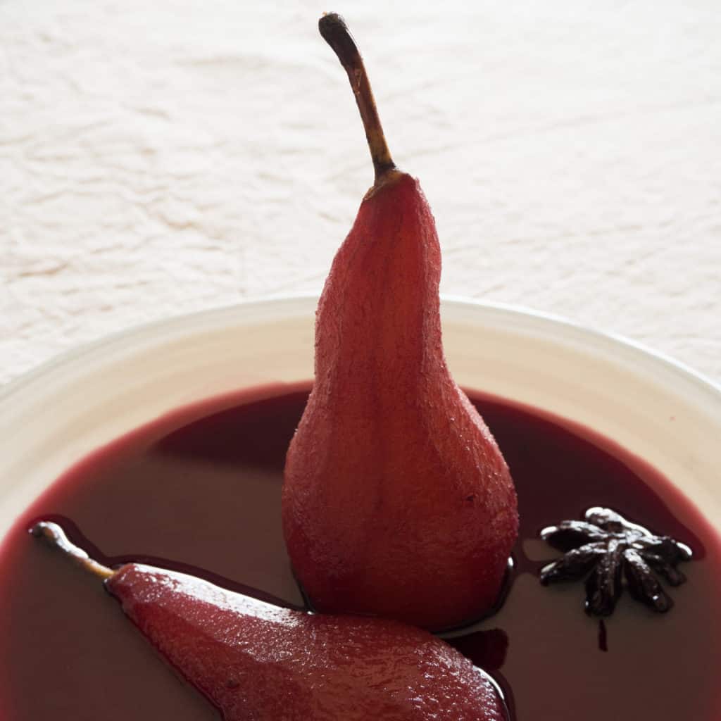 Pears Poached in Spiced Red Wine. Gluten-free, vegan. From FriFran