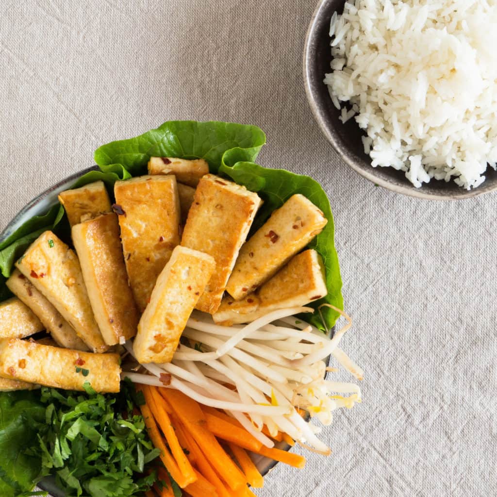 Lemongrass Tofu Bowl - served with plain rice. Gluten-free, vegan.