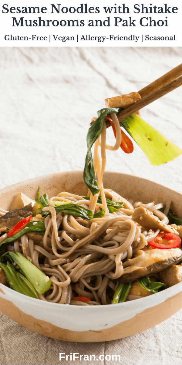 Sesame Noodles with Shitake Mushrooms and Pak Choi. #GlutenFree #Vegan #GlutenFreeVegan. From #FriFran