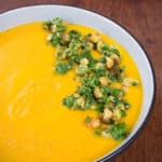 Winter Sunshine Soup with Chickpea Topping. Gluten-free, vegan.