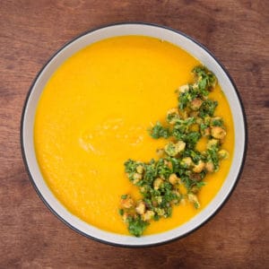 Winter Sunshine Soup with Chickpea Topping. Gluten-free, vegan.