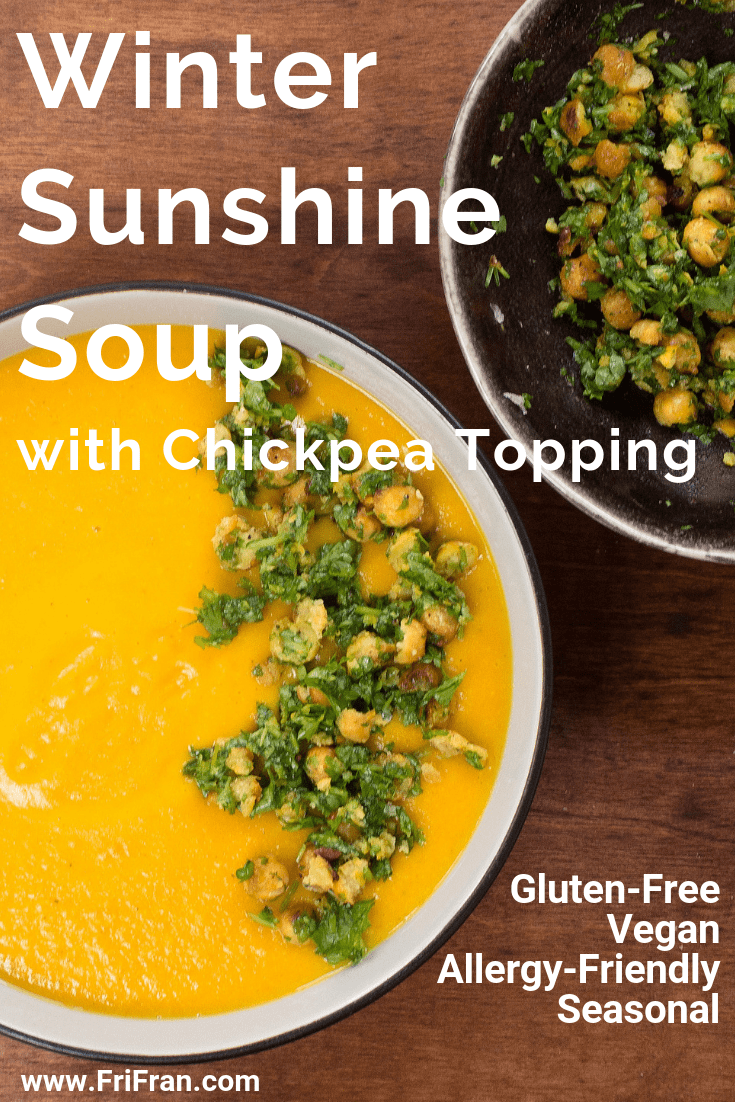 Winter Sunshine Soup with Chickpea Topping. #GlutenFree #Vegan #GlutenFreeVegan. From #FriFran